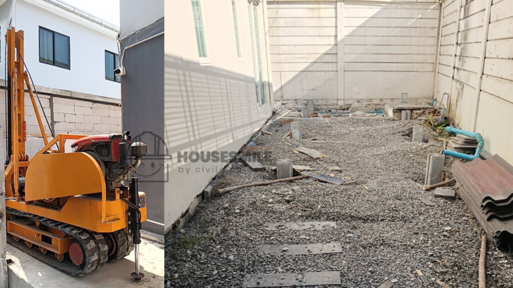 ภาพหน้างานการลงเสาเข็มไมโครไพล์ ในงานต่อเติมครัว โดยทีมช่าง Housesmile